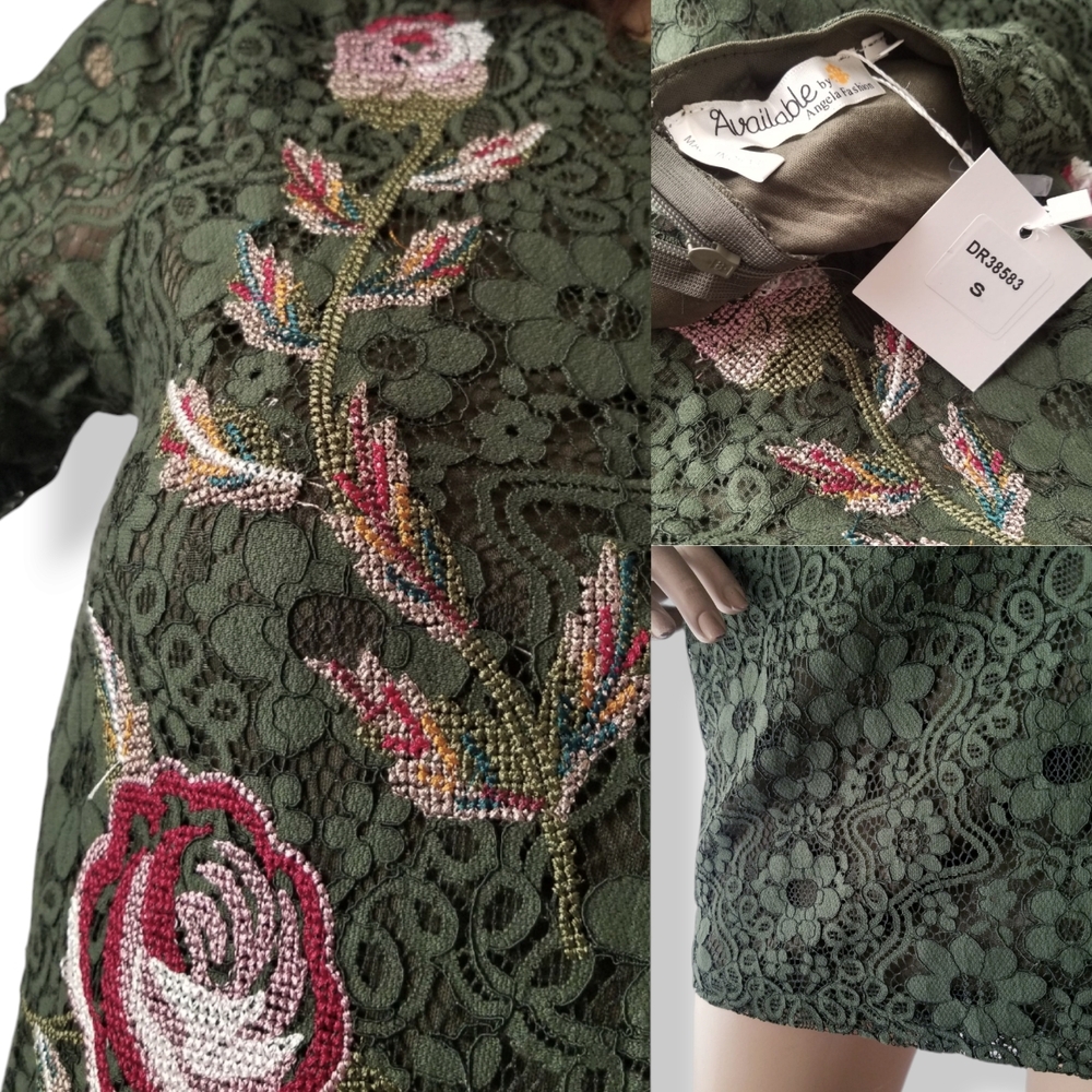 Green Floral Lace Dress with Pink & Red Embroidered Roses by Available Fashion - Picture 7 of 8